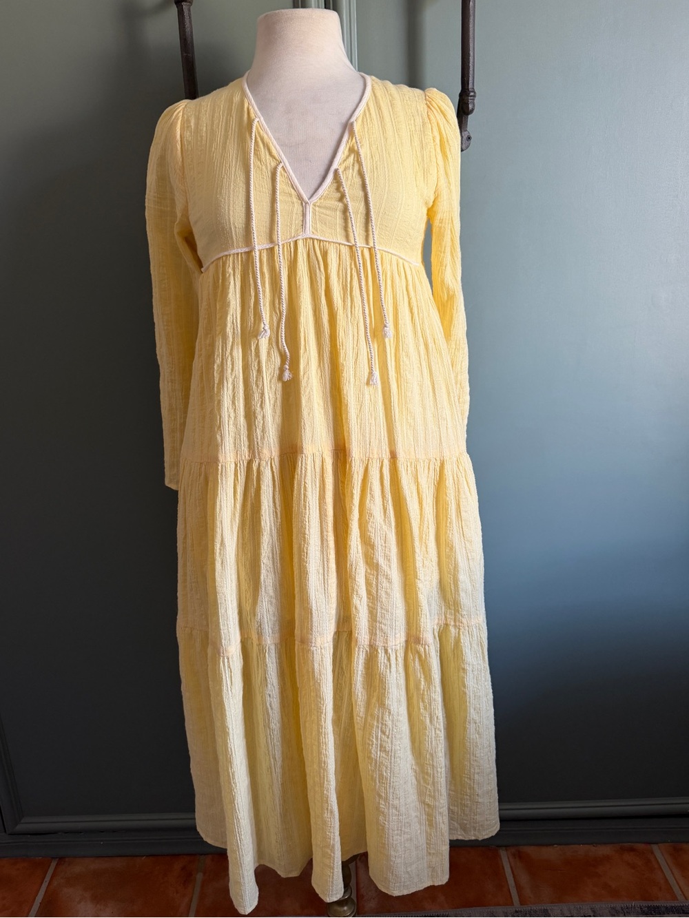 Christy Dawn Pale Yellow V-Neck Tiered Maxi Dress